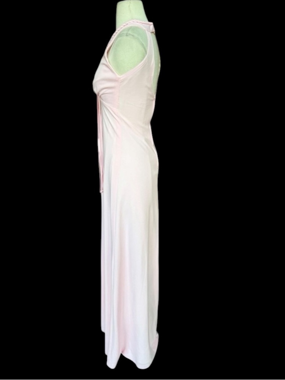1970s Pale Pink Braided‎ Trim V-Neckline w/Tassels Lined Poly Maxi Dress - Picture 3 of 5